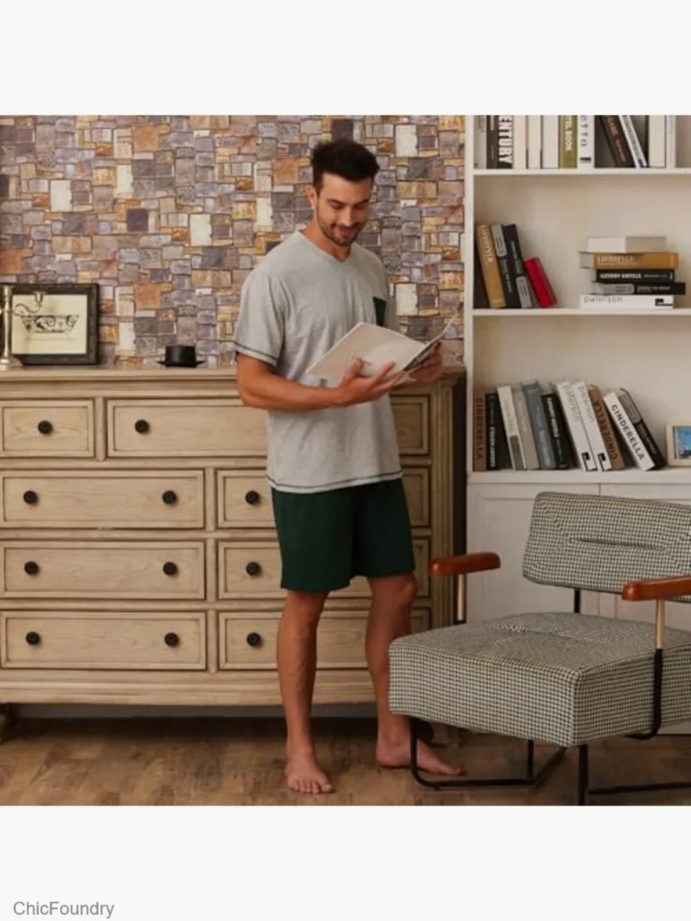 Soft Cotton V-Neck Short-Sleeve T-Shirt & Shorts Pajama Set for Men